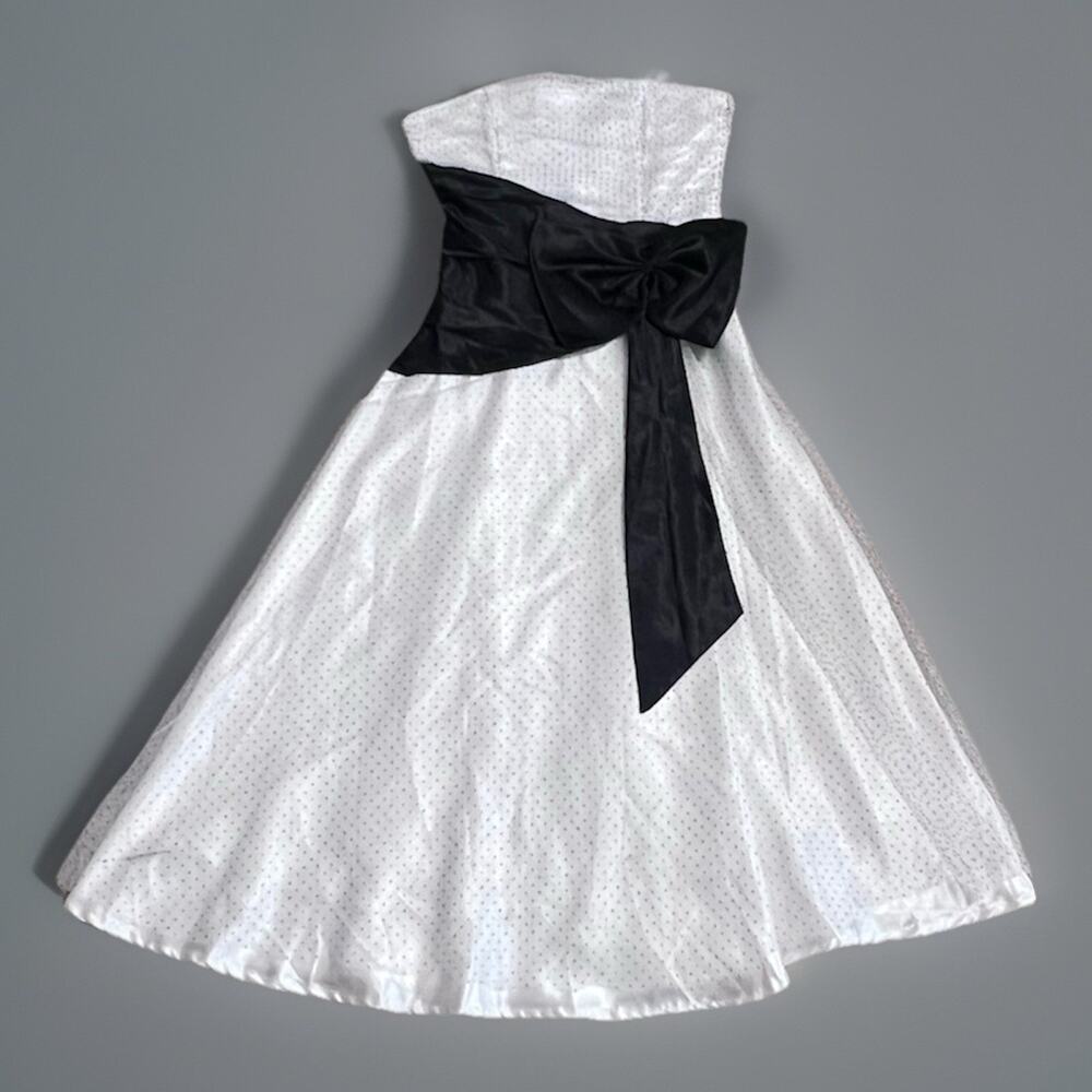 Josh & Jazz Dress Polka Dot Formal Gown Prom Chiffon Strapless Satin Bow Y2K 3/4